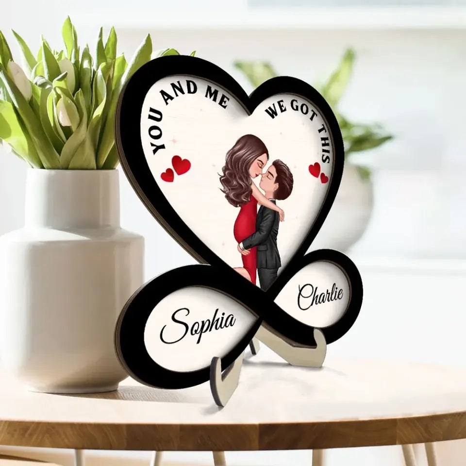 Couple Hugging Kissing Heart Infinity Personalized 2-layer Wooden Plaque