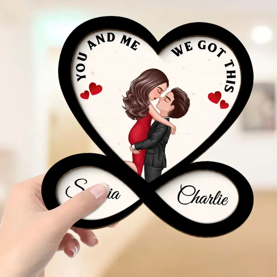 Couple Hugging Kissing Heart Infinity Personalized 2-layer Wooden Plaque