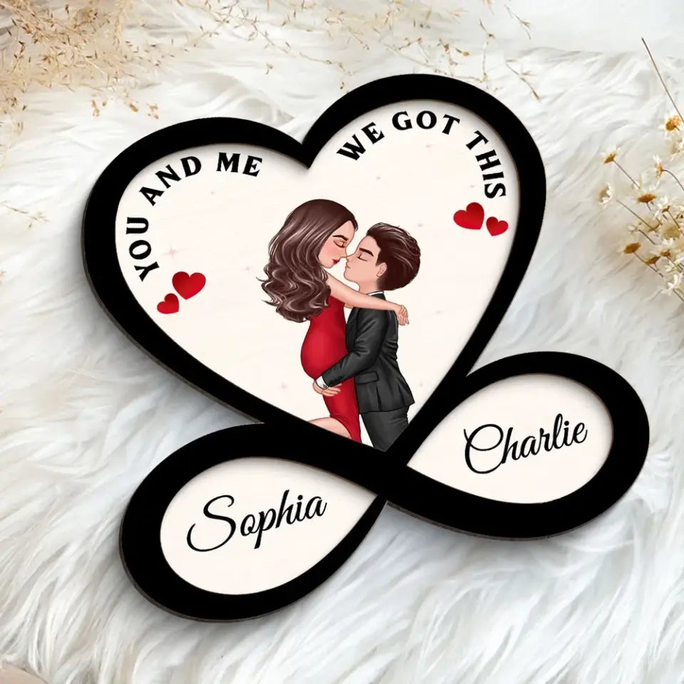 Couple Hugging Kissing Heart Infinity Personalized 2-layer Wooden Plaque