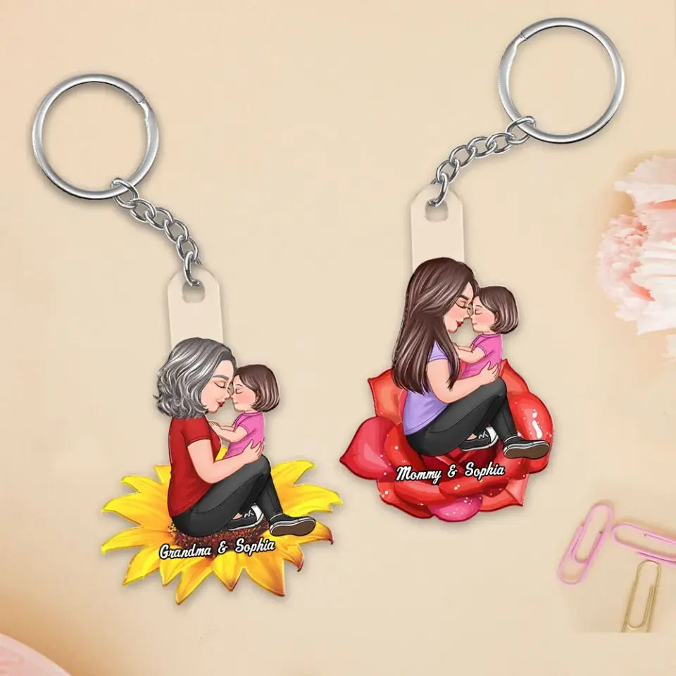 Grandma Mom Kid Sitting On Flower Personalized Acrylic Keychain