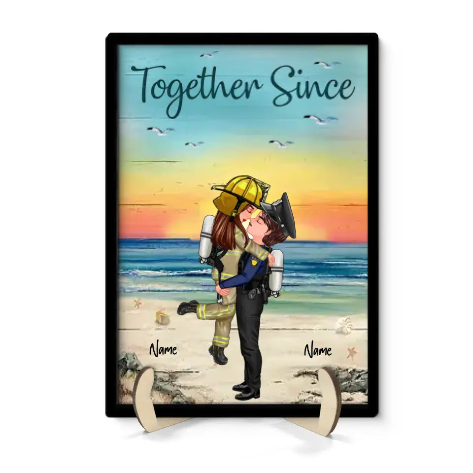 Beach Landscape Couple Valentine‘s Day Gifts by Occupation Gift For Her Gift For Him Firefighter, Nurse, Police Officer Personalized 2-Layer Wooden Plaque