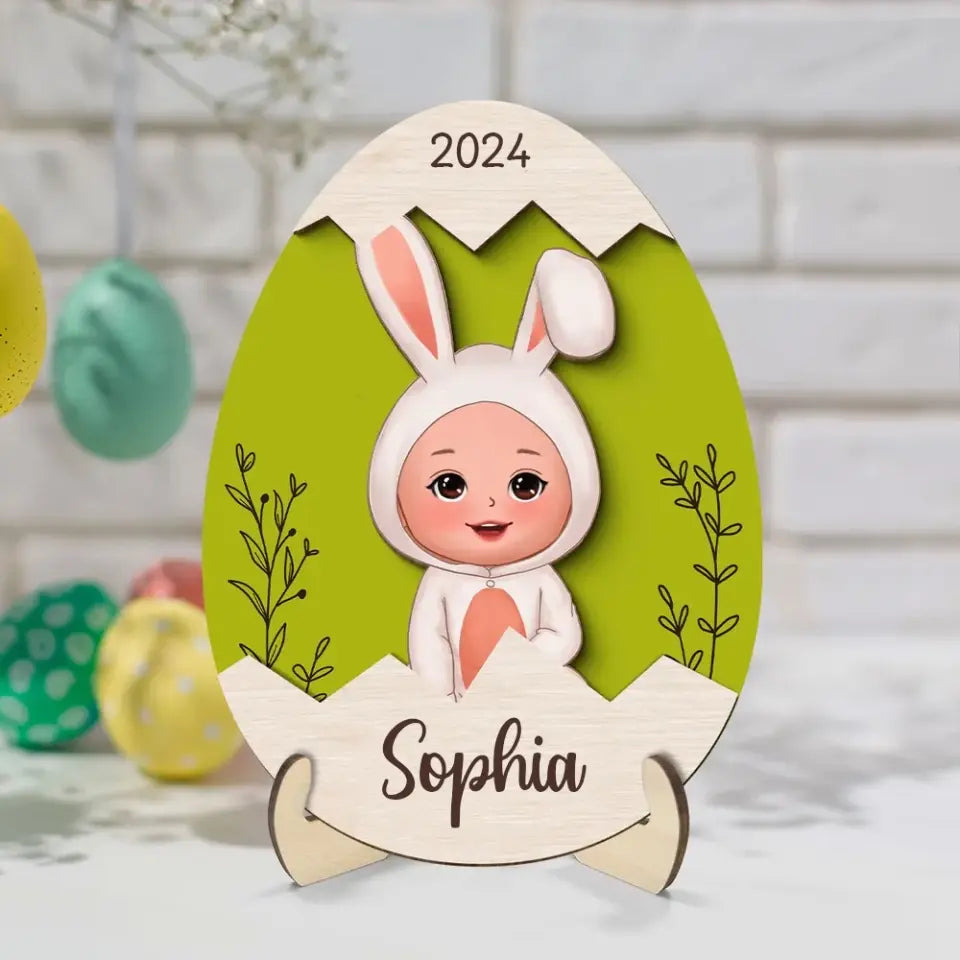 Easter Gift For Grandkids Little Bunny Inside Easter Egg Personalized 2-Layer Wooden Plaque