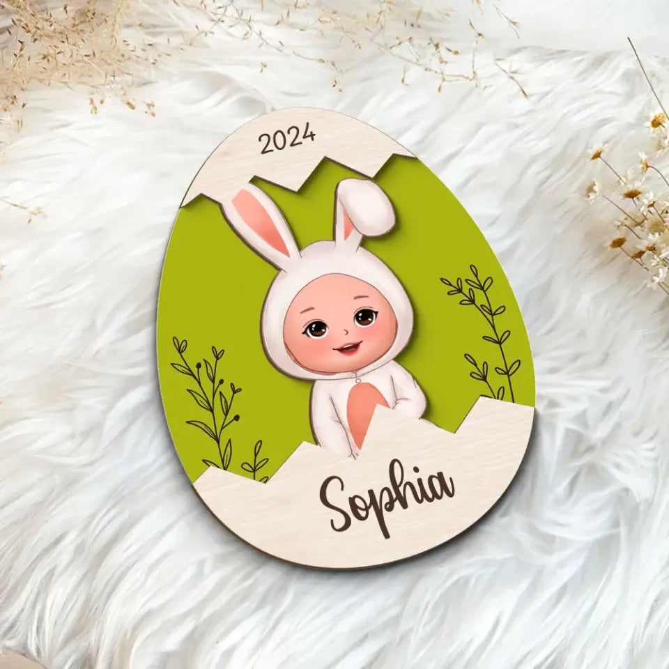 Easter Gift For Grandkids Little Bunny Inside Easter Egg Personalized 2-Layer Wooden Plaque