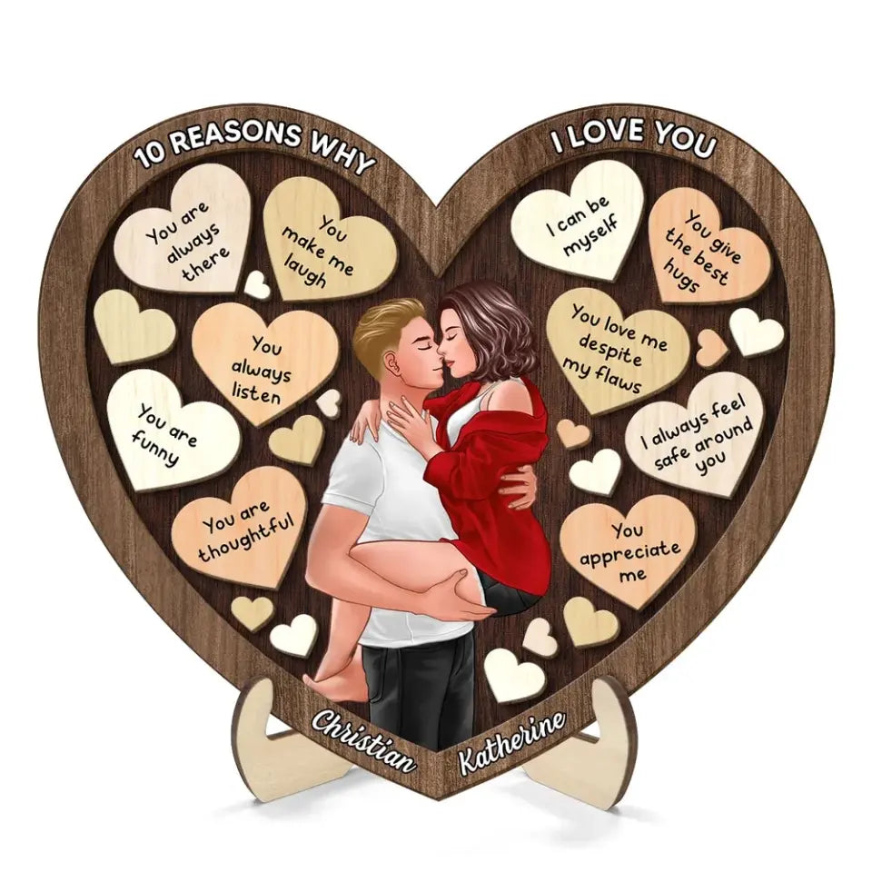 Couple Kissing Passionate In Heart Reasons Why I Love You Wooden Plaque, Valentine's Day Gift For Him, For Her