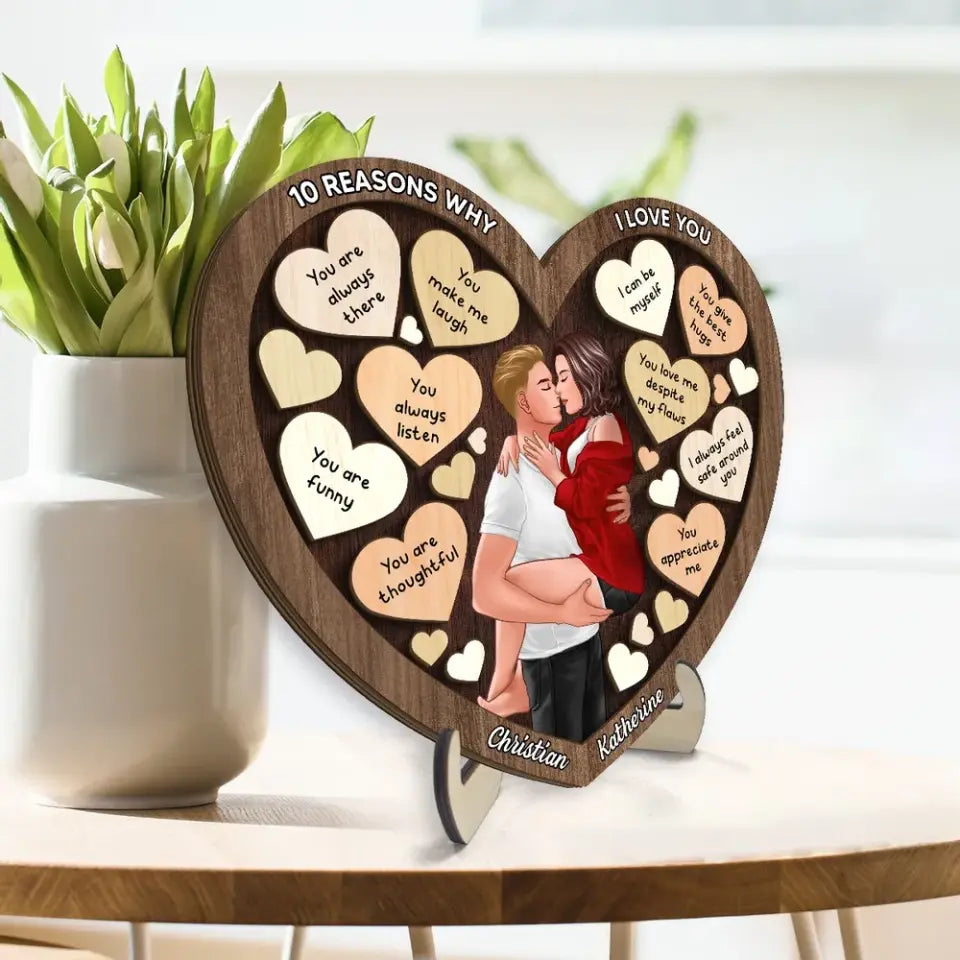 Couple Kissing Passionate In Heart Reasons Why I Love You Wooden Plaque, Valentine's Day Gift For Him, For Her