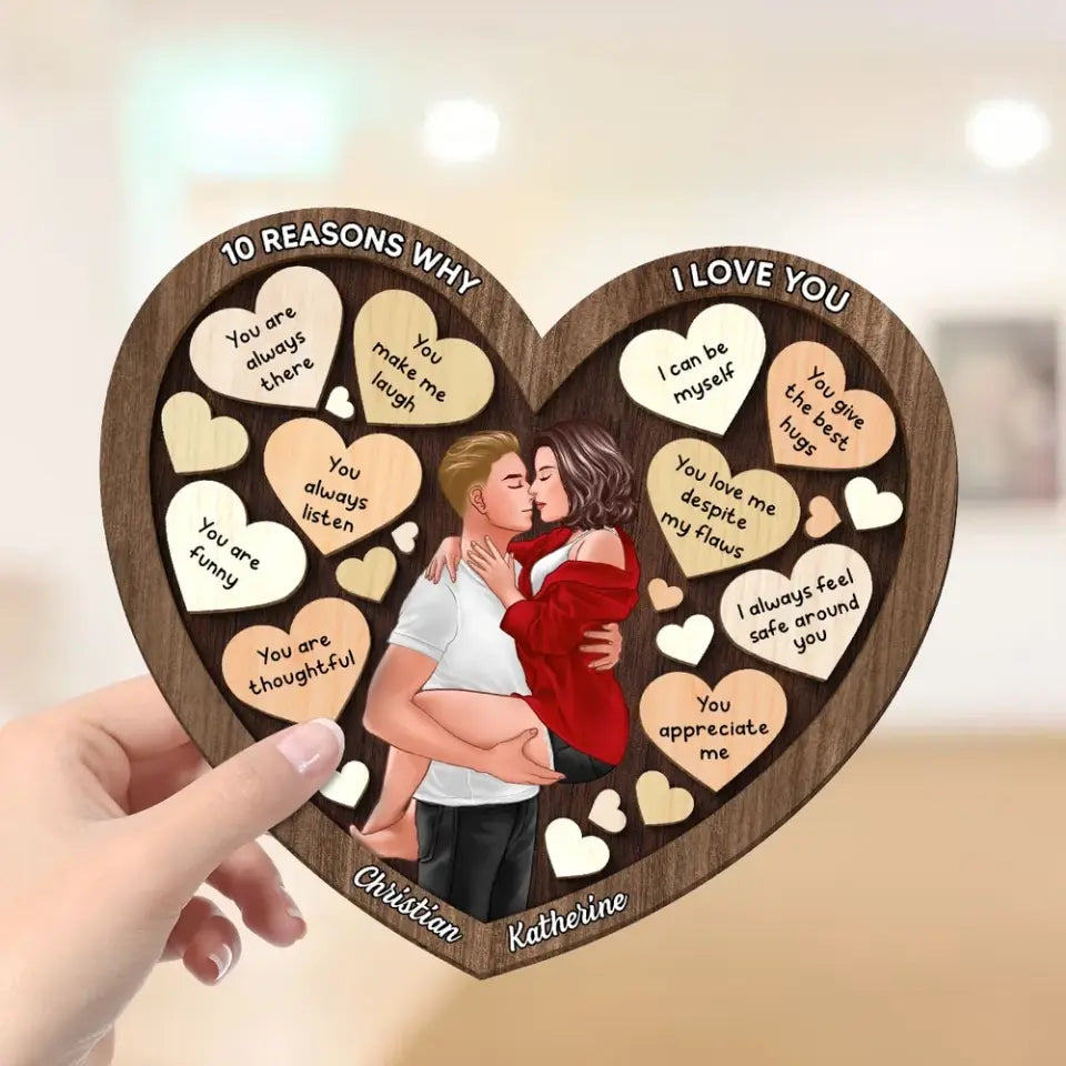 Couple Kissing Passionate In Heart Reasons Why I Love You Wooden Plaque, Valentine's Day Gift For Him, For Her