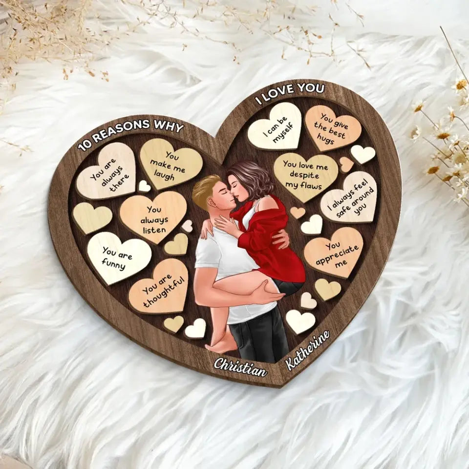 Couple Kissing Passionate In Heart Reasons Why I Love You Wooden Plaque, Valentine's Day Gift For Him, For Her