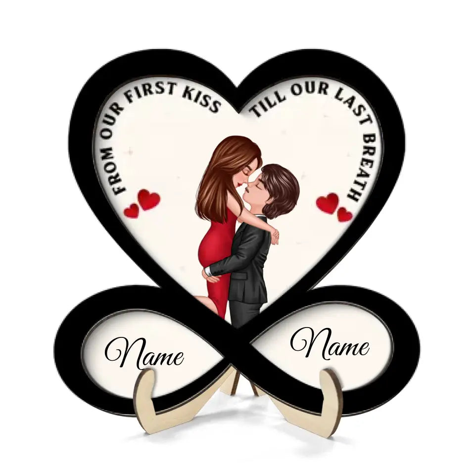 Couple Hugging Kissing Heart Infinity Personalized 2-layer Wooden Plaque