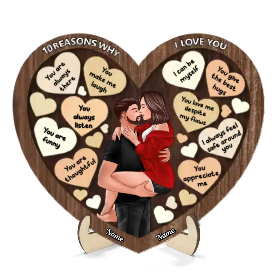 Couple Kissing Passionate In Heart Reasons Why I Love You Wooden Plaque, Valentine's Day Gift For Him, For Her