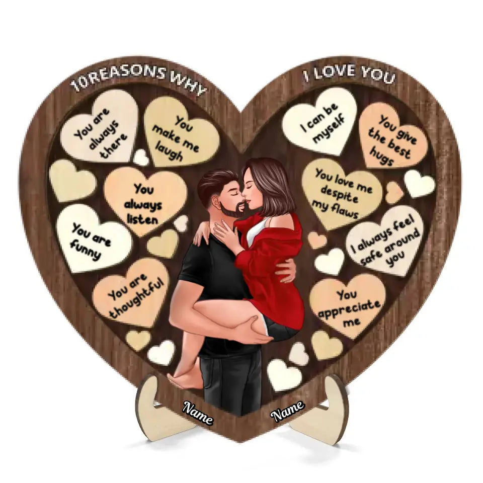 Couple Kissing Passionate In Heart Reasons Why I Love You Wooden Plaque, Valentine's Day Gift For Him, For Her