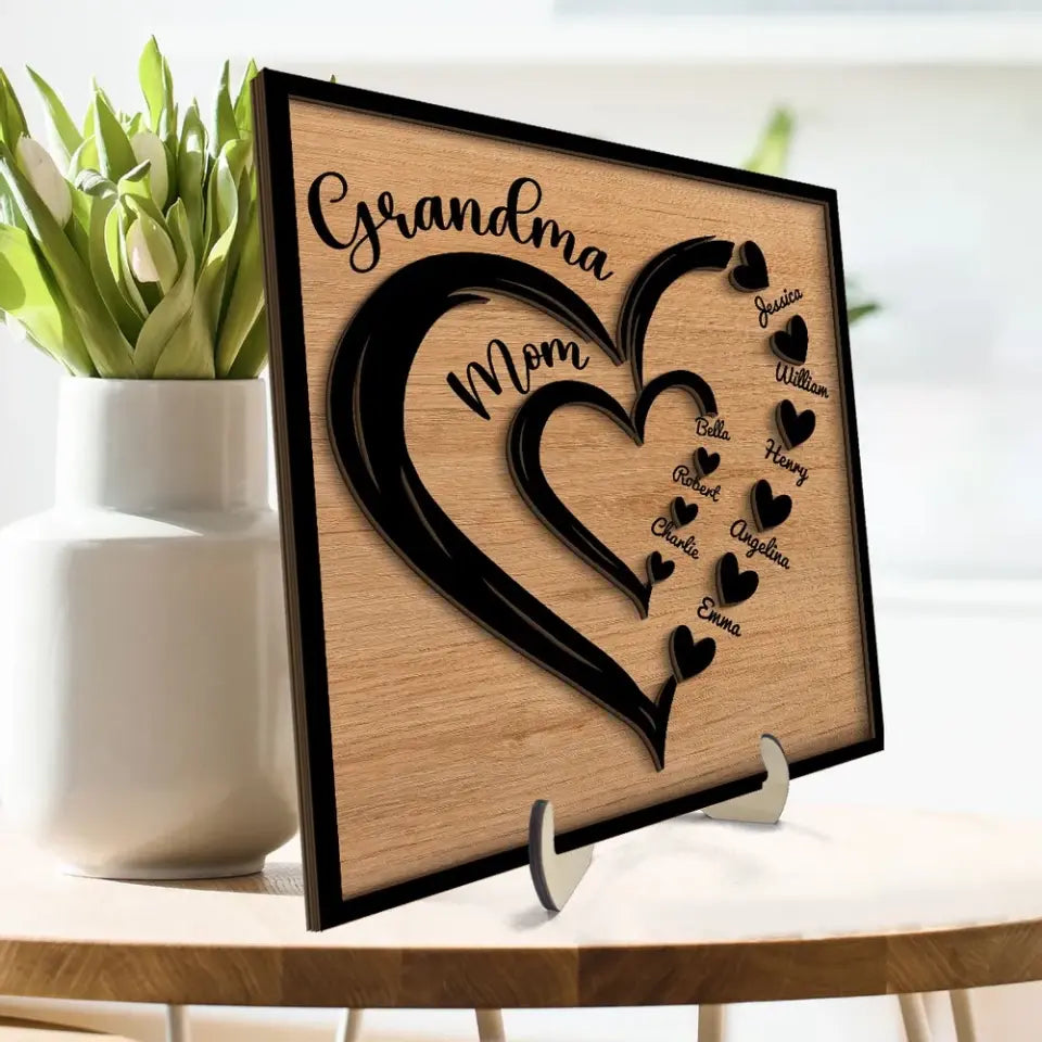 Grandma Mom Heart In Heart Personalized 2-layer Wooden Plaque, Mother's Day Gift For Mom