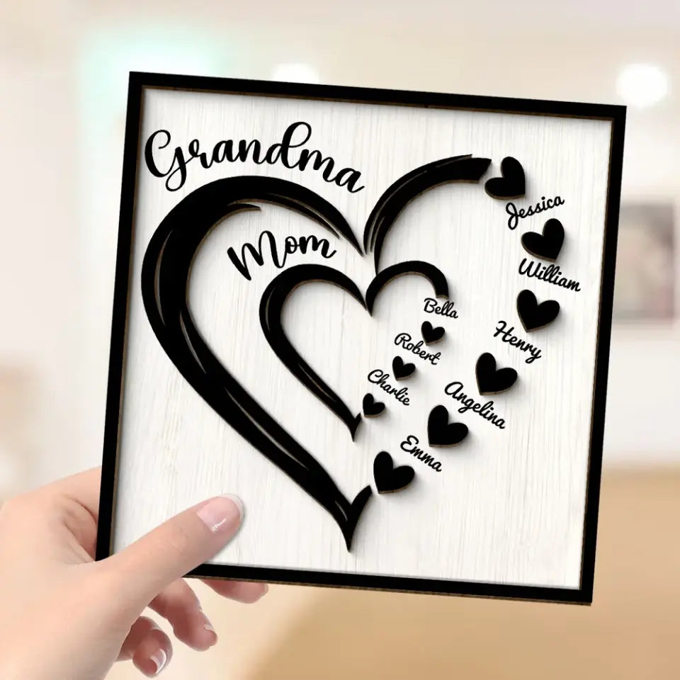 Grandma Mom Heart In Heart Personalized 2-layer Wooden Plaque, Mother's Day Gift For Mom