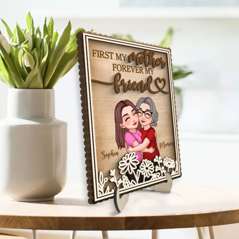 Mom Hugging Daughter Flowers Mother‘s Day Gift Personalized 2-Layer Wooden Plaque