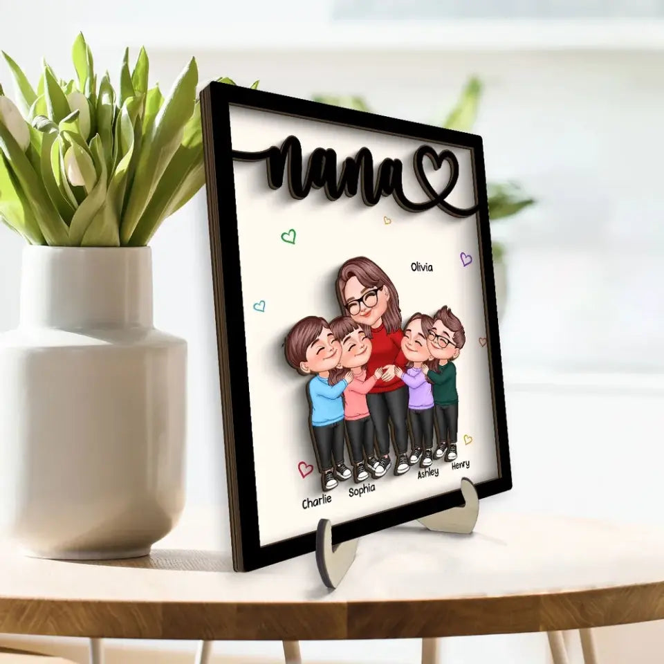 Grandma & Grandkids Hugging Gift For Grandma Mom Personalized 2-Layer Wooden Plaque