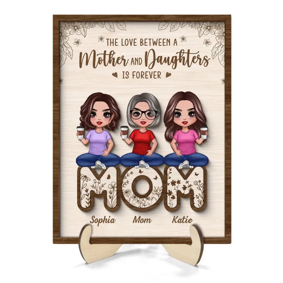 Mom And Daughters Sitting On Word Mother‘s Day Gift Personalized 2-Layer Wooden Plaque