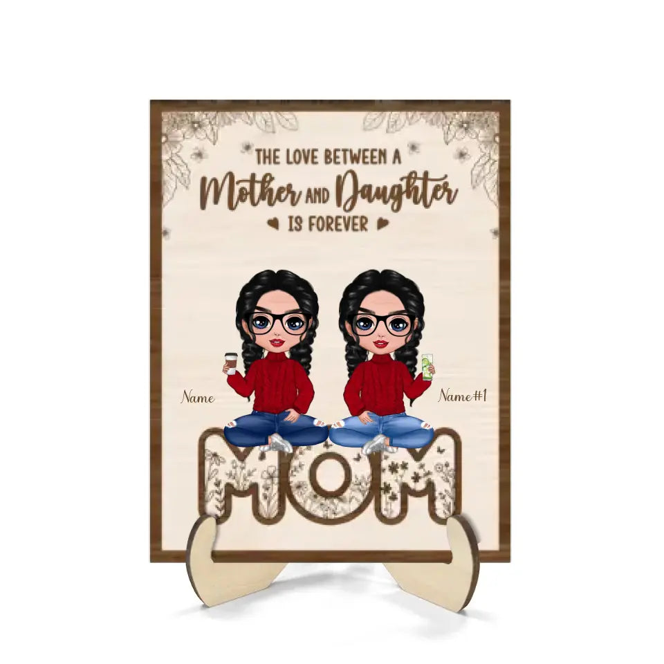 Mom And Daughters Sitting On Word Mother‘s Day Gift Personalized 2-Layer Wooden Plaque