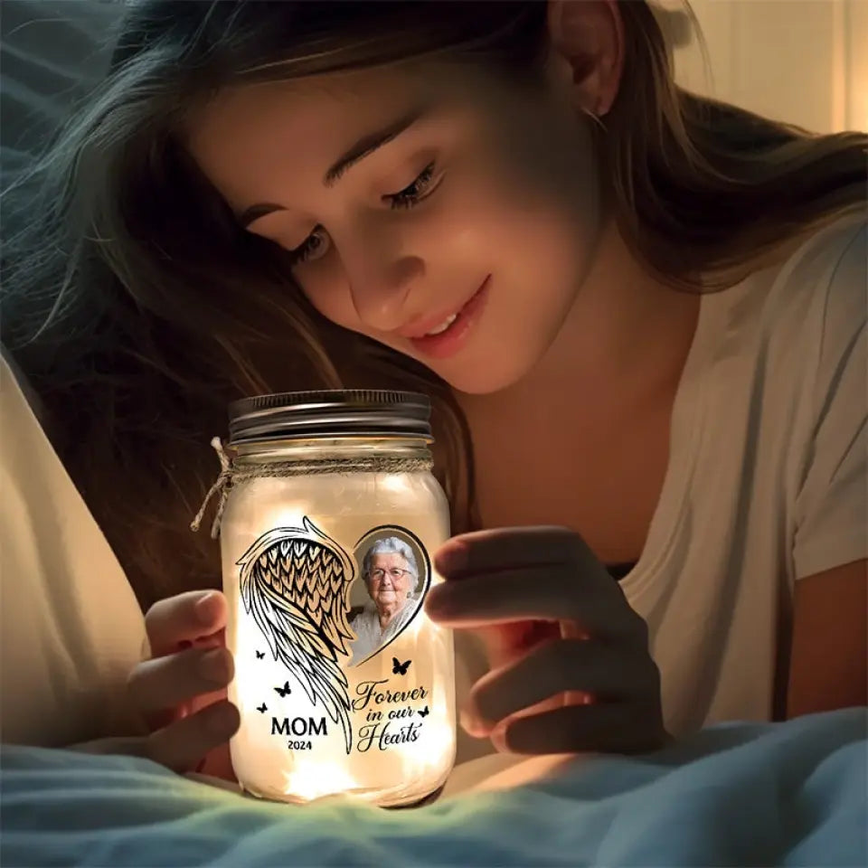 Custom Photo Your Light Will Always Shine In Our Hearts - Memorial Personalized Custom Mason Jar Light - Sympathy Gift For Family Members