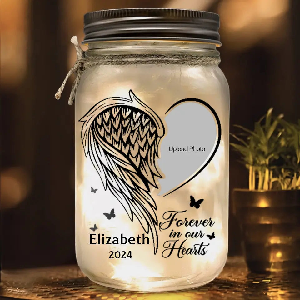 Custom Photo Your Light Will Always Shine In Our Hearts - Memorial Personalized Custom Mason Jar Light - Sympathy Gift For Family Members