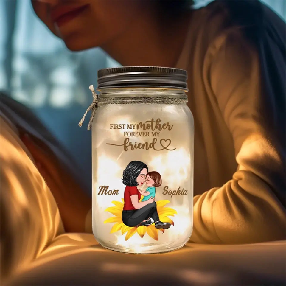 Mom and Kid Sitting On Flower Personalized Custom Mason Jar Light