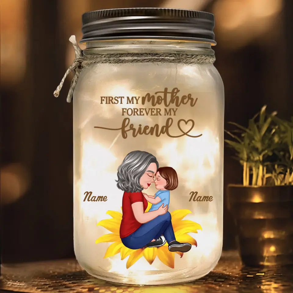 Mom and Kid Sitting On Flower Personalized Custom Mason Jar Light