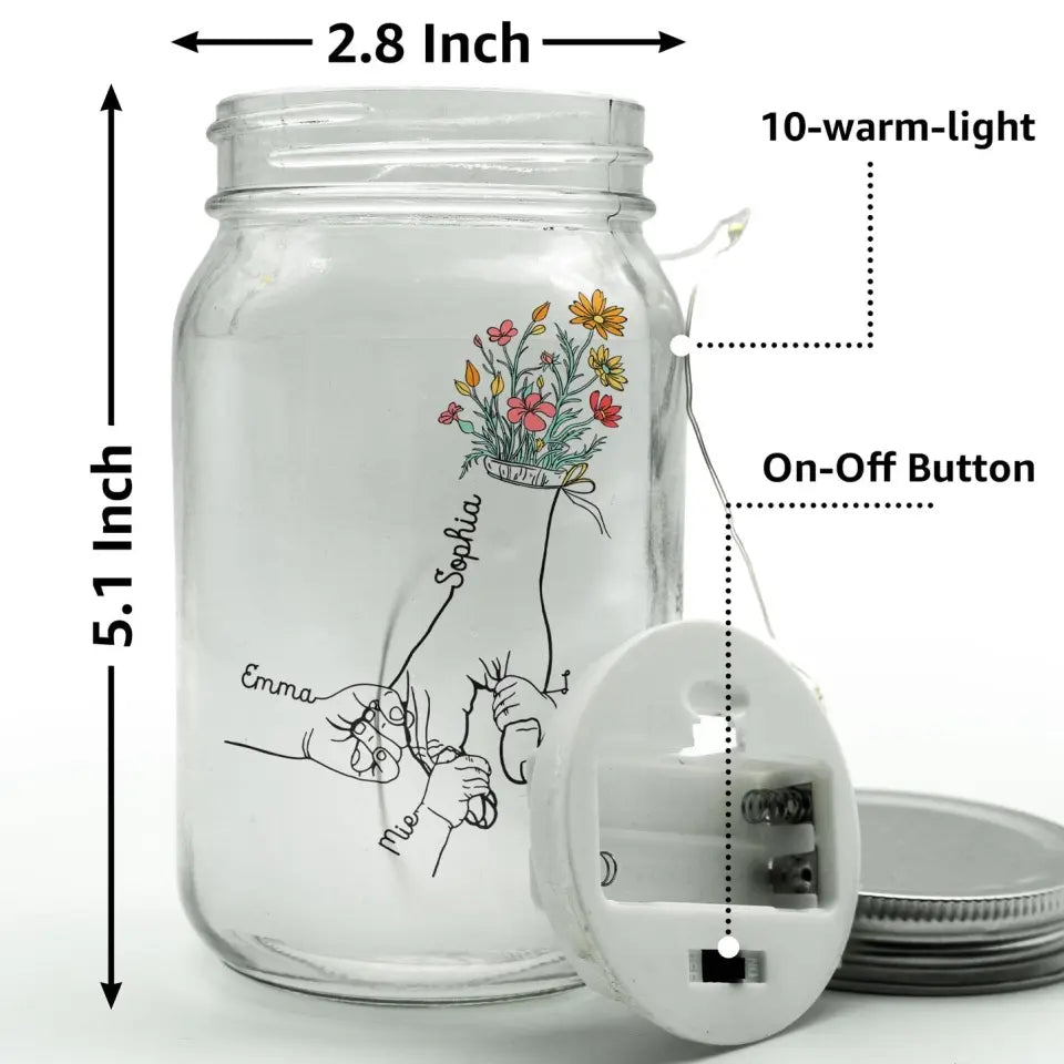 Mom Grandma Floral Hands Holding - Personalized Mason Jar Light