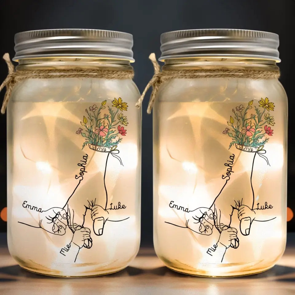 Mom Grandma Floral Hands Holding - Personalized Mason Jar Light