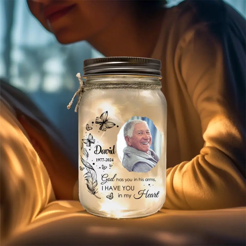 God Has You in His Arms, I Have You in My Heart - Personalized Custom Mason Jar Light - Sympathy Gift For Family Members