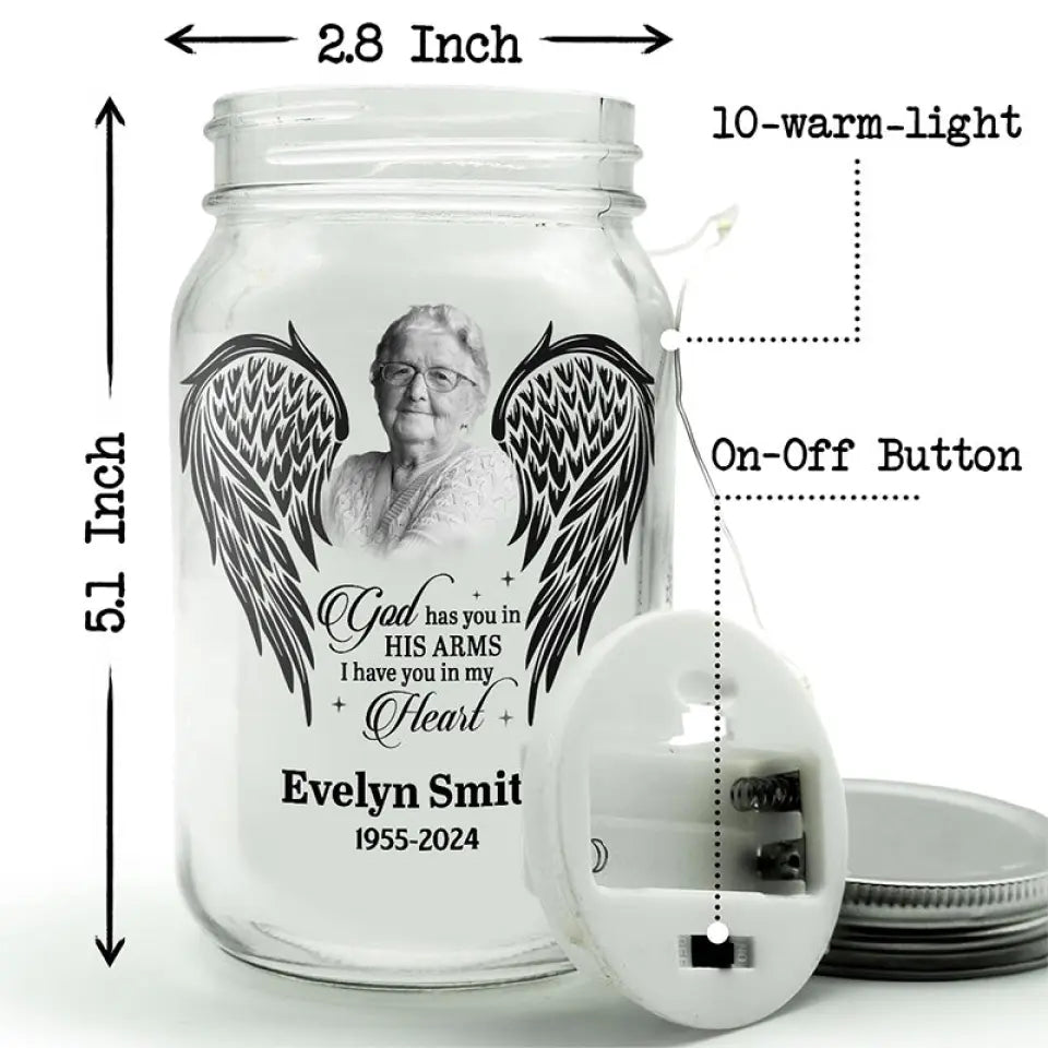 Custom Photo God Has You In His Arms - Memorial Personalized Custom Mason Jar Light - Sympathy Gift For Family Members