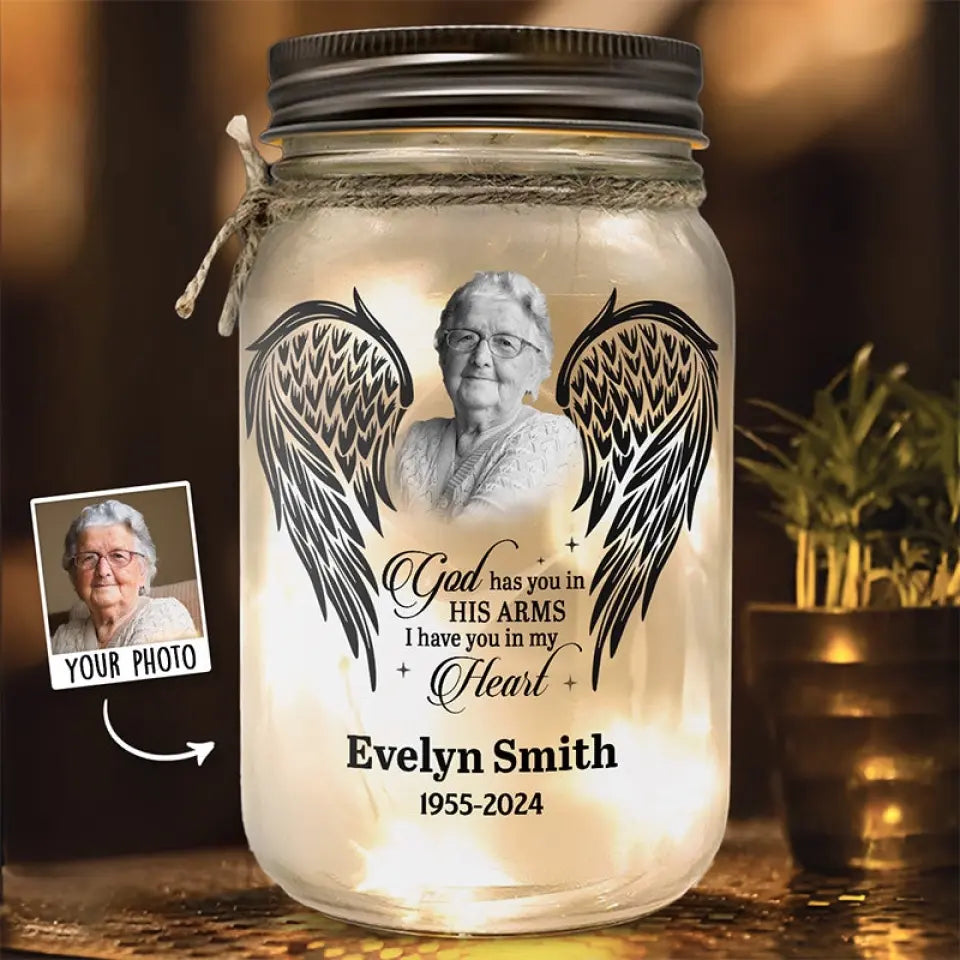 Custom Photo God Has You In His Arms - Memorial Personalized Custom Mason Jar Light - Sympathy Gift For Family Members