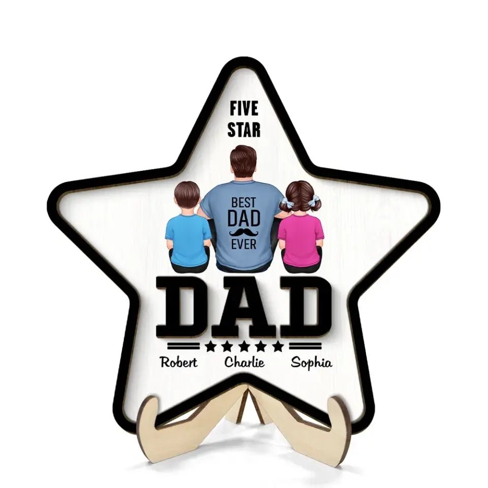 Five - Star Dad Back View Dad And Kids Personalized 2-Layer Wooden Plaque