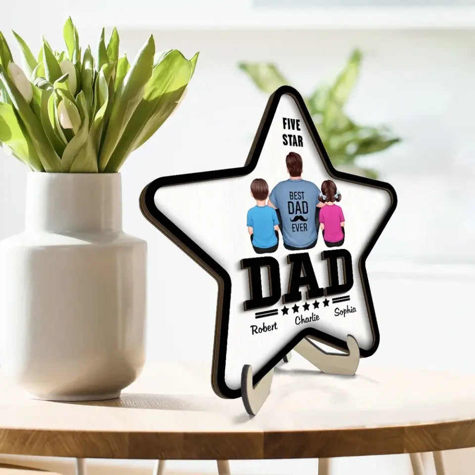 Five - Star Dad Back View Dad And Kids Personalized 2-Layer Wooden Plaque