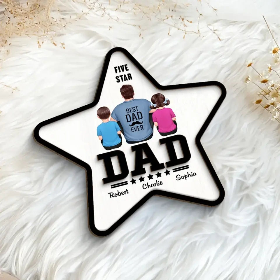 Five - Star Dad Back View Dad And Kids Personalized 2-Layer Wooden Plaque