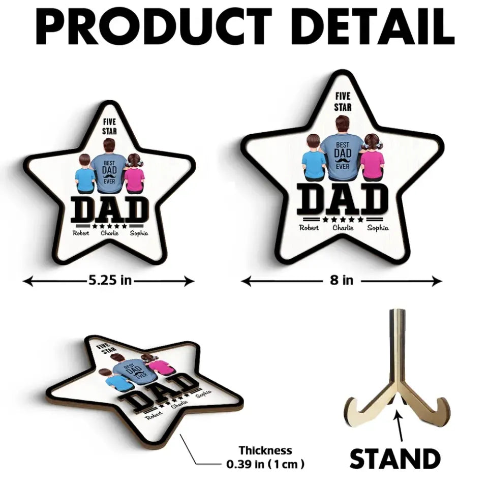 Five - Star Dad Back View Dad And Kids Personalized 2-Layer Wooden Plaque