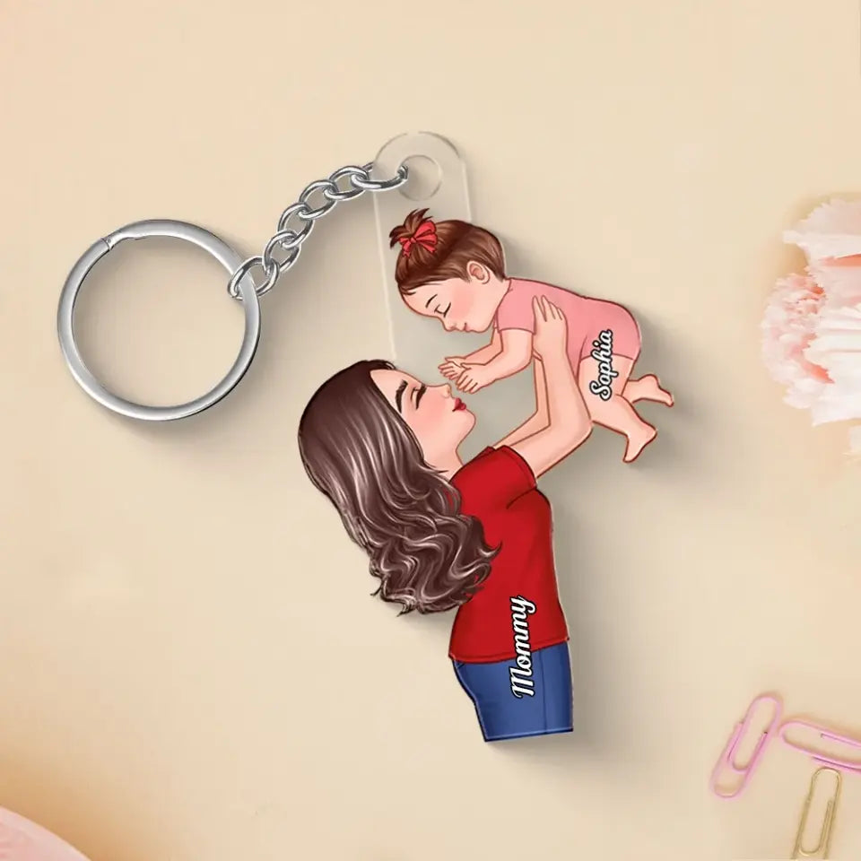 Grandma Mom Lifting Kid Personalized Acrylic Keychain, Mother's Day Gift