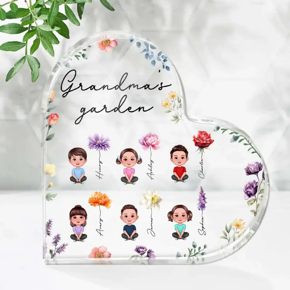 Grandkids Sitting Crossed Legs Watercolor Birth Month Flowers Personalized Heart Acrylic Block