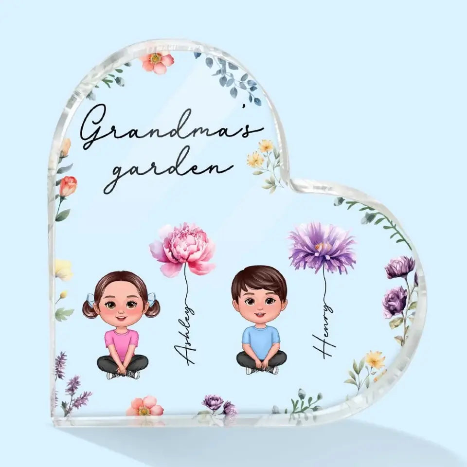 Grandkids Sitting Crossed Legs Watercolor Birth Month Flowers Personalized Heart Acrylic Block