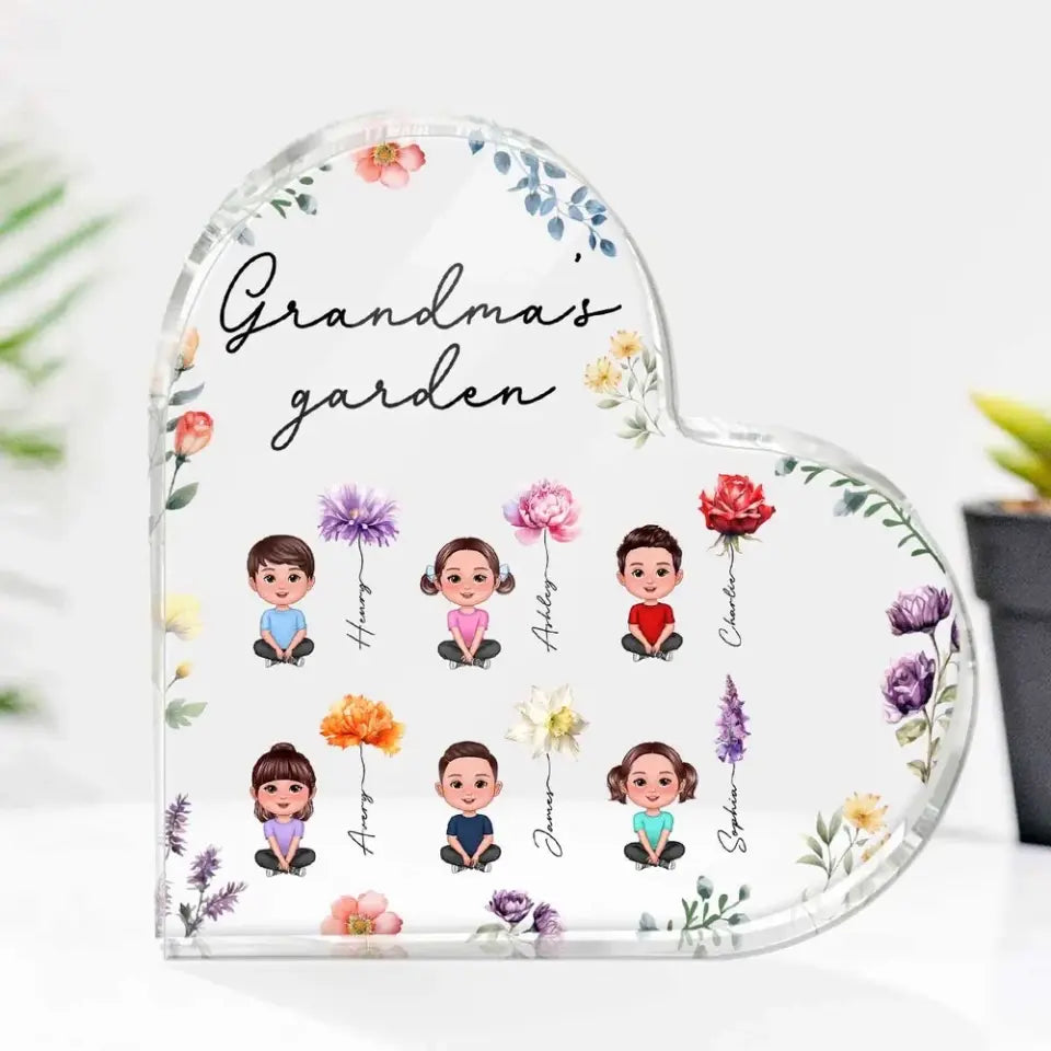 Grandkids Sitting Crossed Legs Watercolor Birth Month Flowers Personalized Heart Acrylic Block