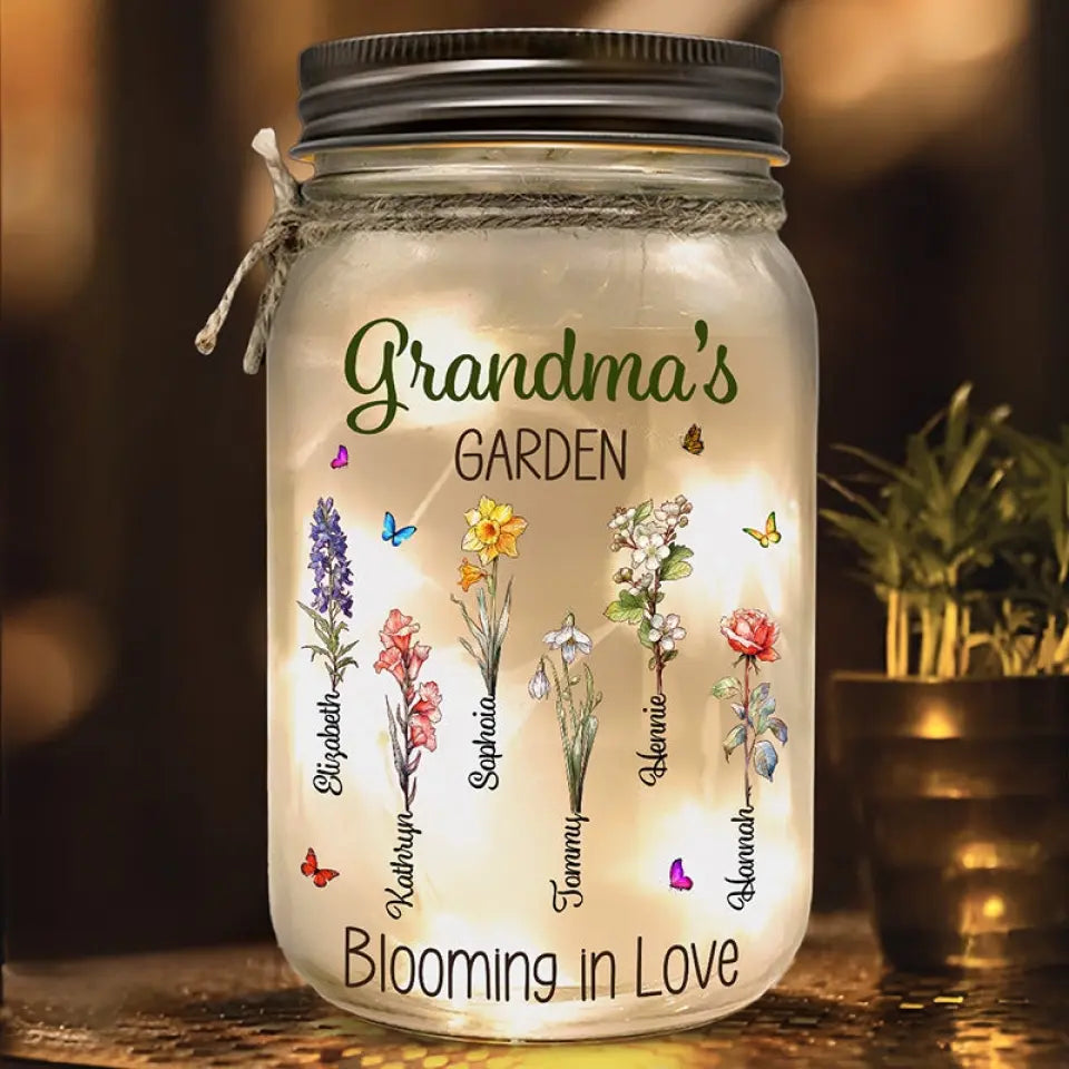 Grandma's Garden Is Grown With Seeds Of Love - Family Personalized Custom Mason Jar Light - Gift For Grandma