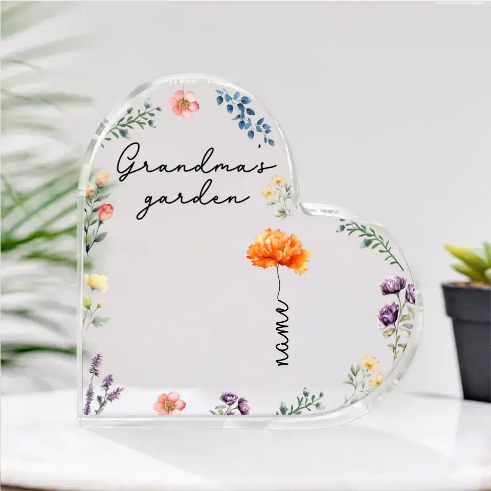 Grandkids Sitting Crossed Legs Watercolor Birth Month Flowers Personalized Heart Acrylic Block