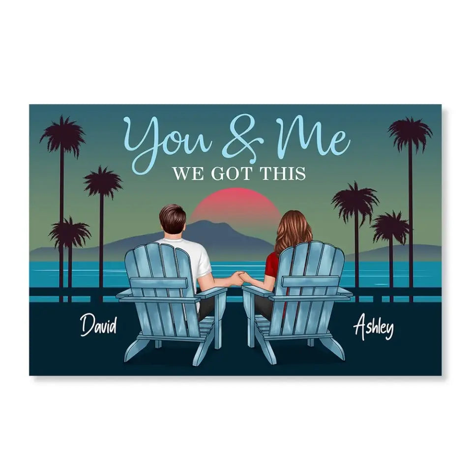 Back View Couple Sitting Beach Landscape Retro Personalized Horizontal Poster