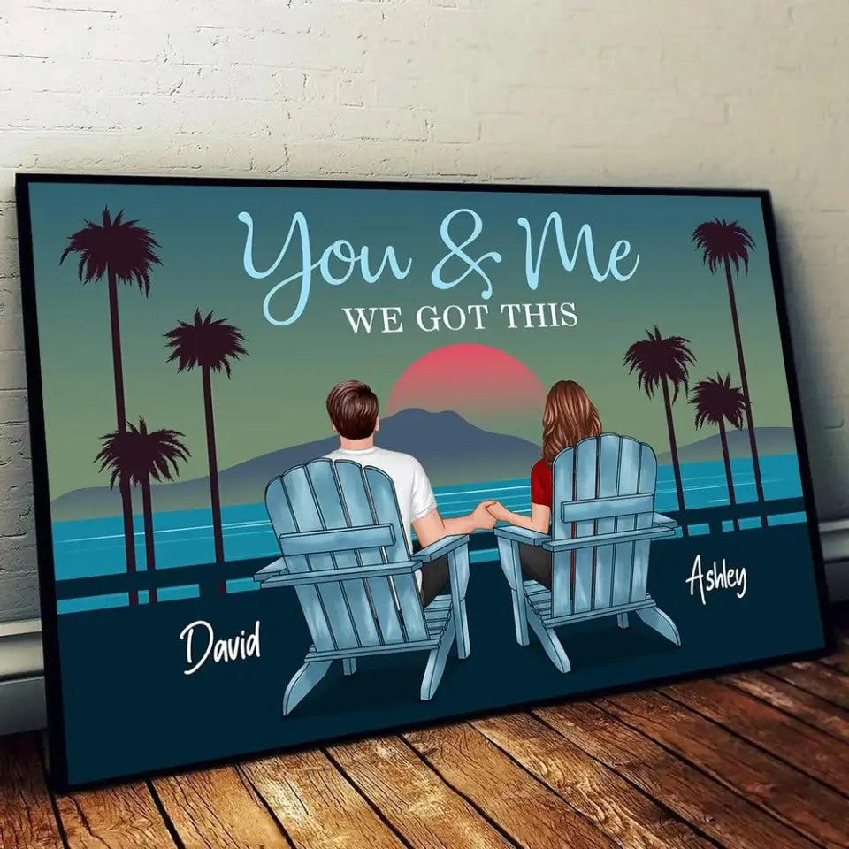 Back View Couple Sitting Beach Landscape Retro Personalized Horizontal Poster