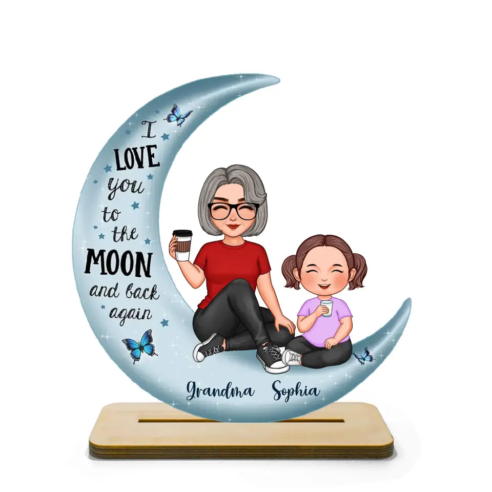 Cute Grandma & Grandkid On Moon Gift For Grandma Gift For Granddaughter Grandson Grandchildren Personalized Standing Wooden Plaque