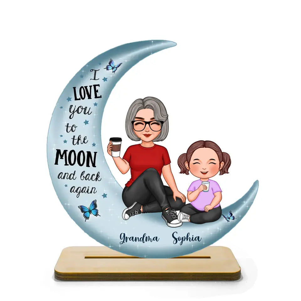 Cute Grandma & Grandkid On Moon Gift For Grandma Gift For Granddaughter Grandson Grandchildren Personalized Standing Wooden Plaque