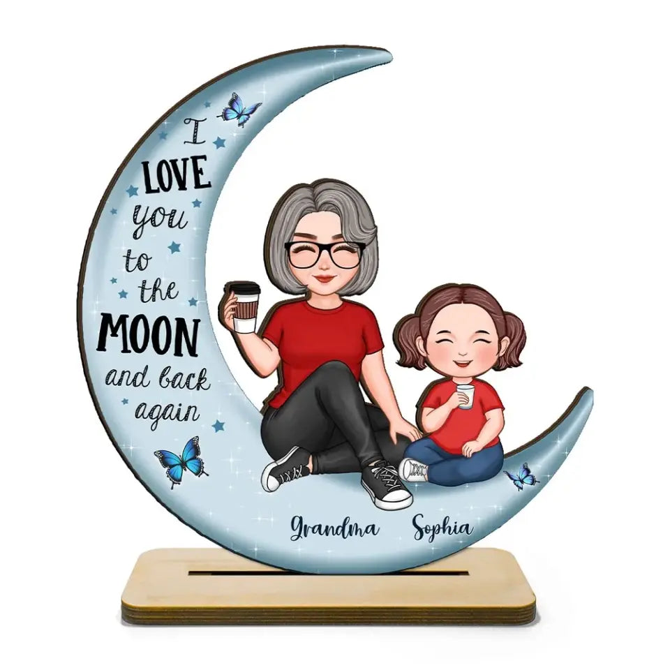 Cute Grandma & Grandkid On Moon Gift For Grandma Gift For Granddaughter Grandson Grandchildren Personalized Standing Wooden Plaque