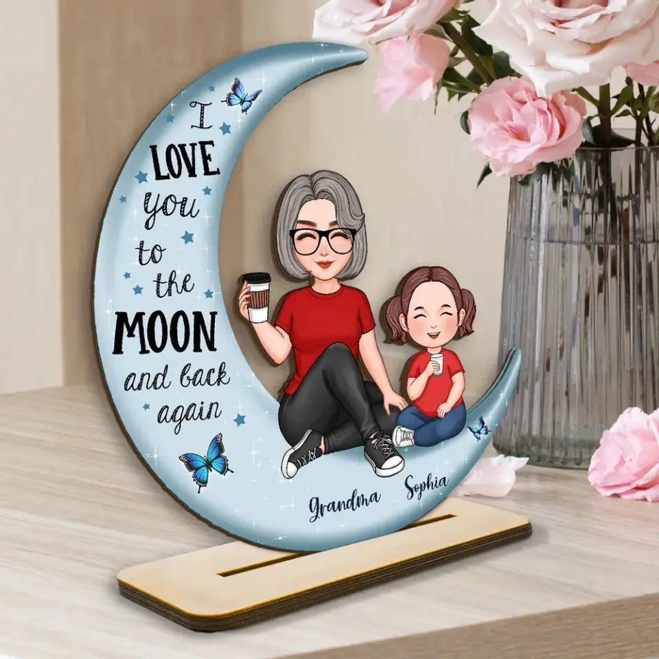 Cute Grandma & Grandkid On Moon Gift For Grandma Gift For Granddaughter Grandson Grandchildren Personalized Standing Wooden Plaque