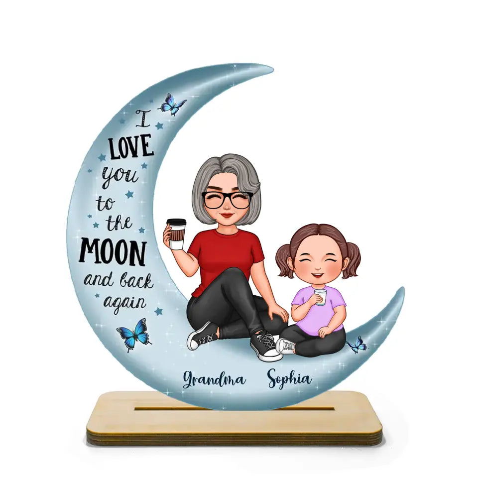 Cute Grandma & Grandkid On Moon Gift For Grandma Gift For Granddaughter Grandson Grandchildren Personalized Standing Wooden Plaque