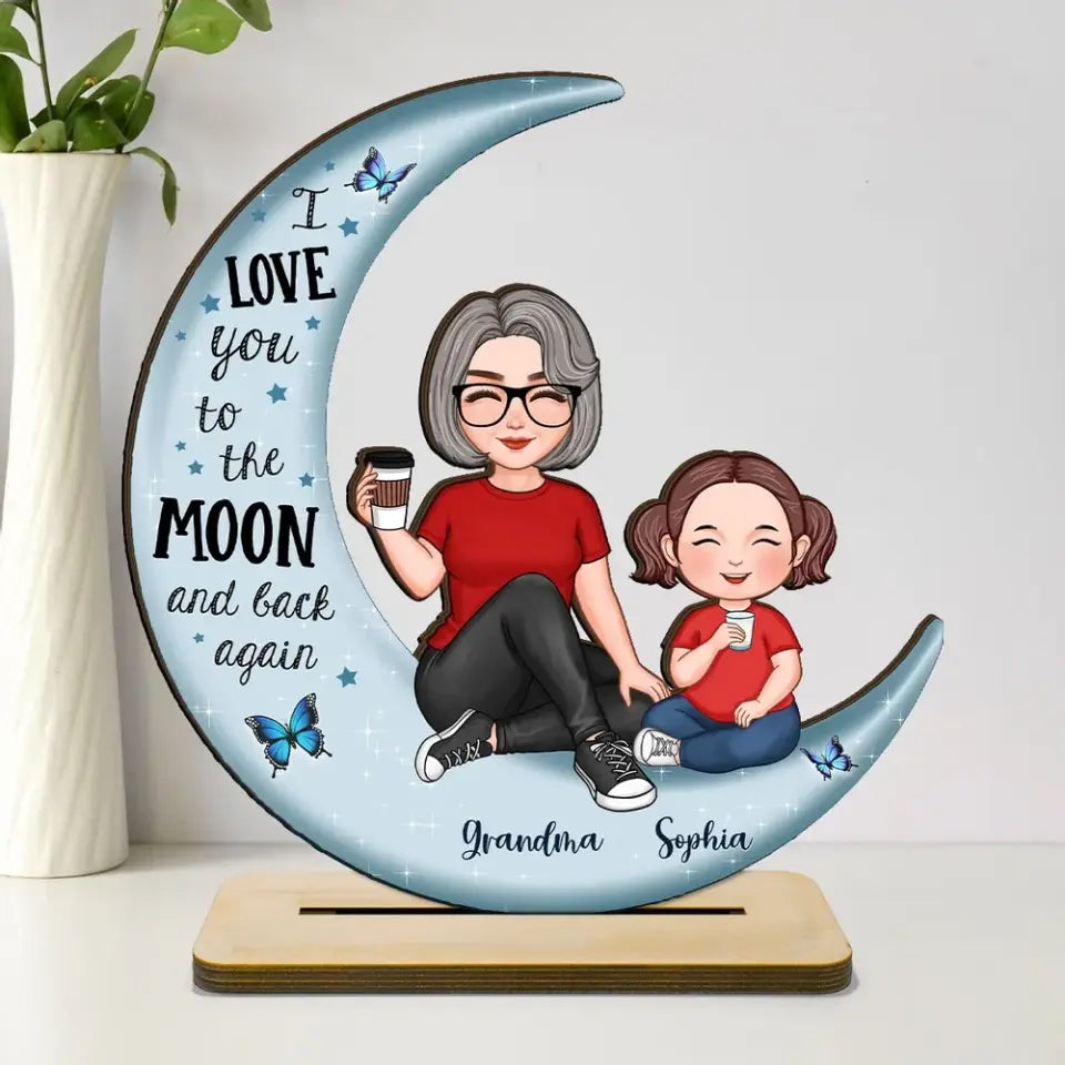 Cute Grandma & Grandkid On Moon Gift For Grandma Gift For Granddaughter Grandson Grandchildren Personalized Standing Wooden Plaque