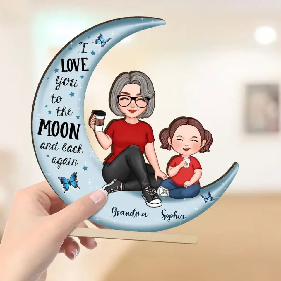 Cute Grandma & Grandkid On Moon Gift For Grandma Gift For Granddaughter Grandson Grandchildren Personalized Standing Wooden Plaque