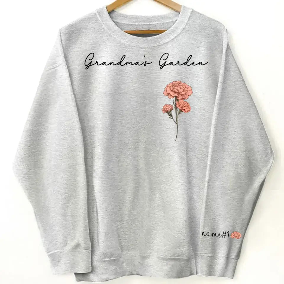 Grandma's Garden Back View Kid Sitting Birth Month Flower Personalized Sleeve Printed Sweatshirt