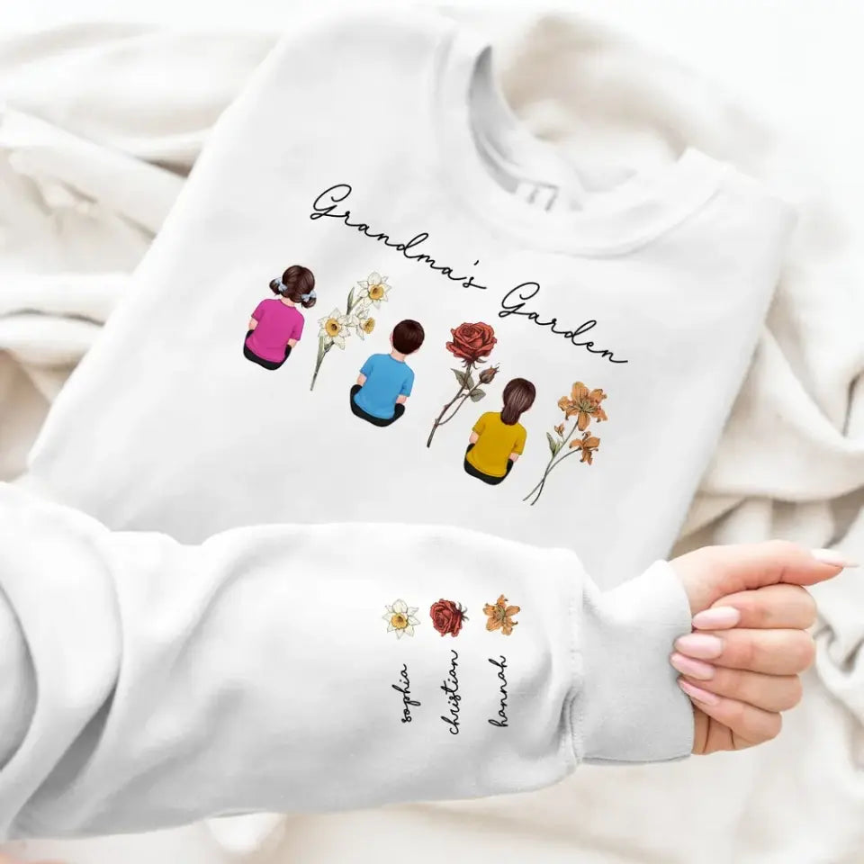 Grandma's Garden Back View Kid Sitting Birth Month Flower Personalized Sleeve Printed Sweatshirt